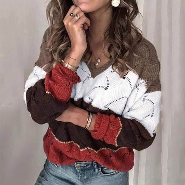 Color Block Stripe V-Neck Sweater Long Sleeve Knit Pullover FallWinter Fashion Sweatshirt Top Sweater Tops