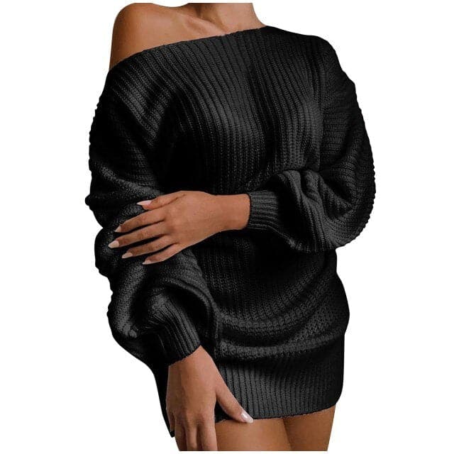 Sweaters And Pullovers Dress Casual Long-sleeved Pullover One Word Collar Solid Knitted Dress Jumper