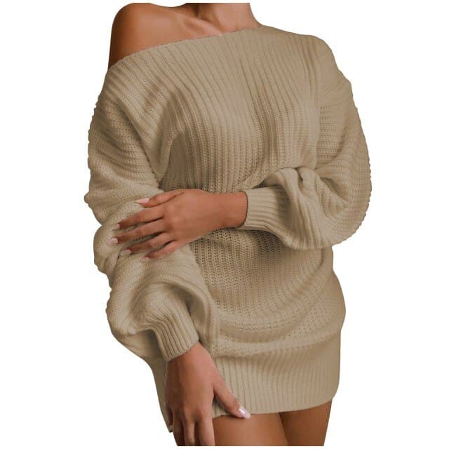 Sweaters And Pullovers Dress Casual Long-sleeved Pullover One Word Collar Solid Knitted Dress Jumper