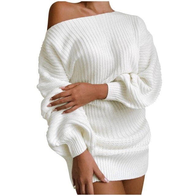 Sweaters And Pullovers Dress Casual Long-sleeved Pullover One Word Collar Solid Knitted Dress Jumper