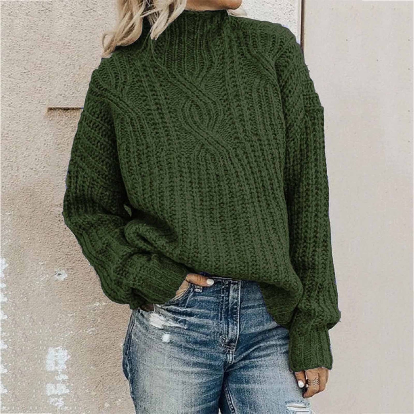 Turtleneck Jacquard Sweater Vintage Casual Loose Solid Long Sleeve Temperament Commute Knitted Pullover Top Pull
