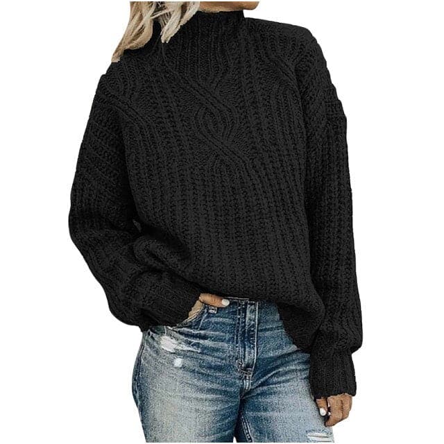 Turtleneck Jacquard Sweater Vintage Casual Loose Solid Long Sleeve Temperament Commute Knitted Pullover Top Pull
