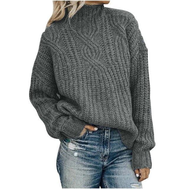 Turtleneck Jacquard Sweater Vintage Casual Loose Solid Long Sleeve Temperament Commute Knitted Pullover Top Pull