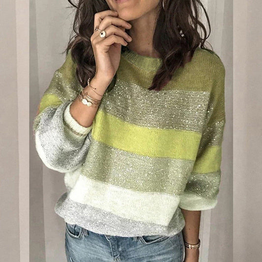 Sweaters Korean Harajuku Casual Loose Stripe Stitching Commute Jacquard Knitted Pullover Jumper