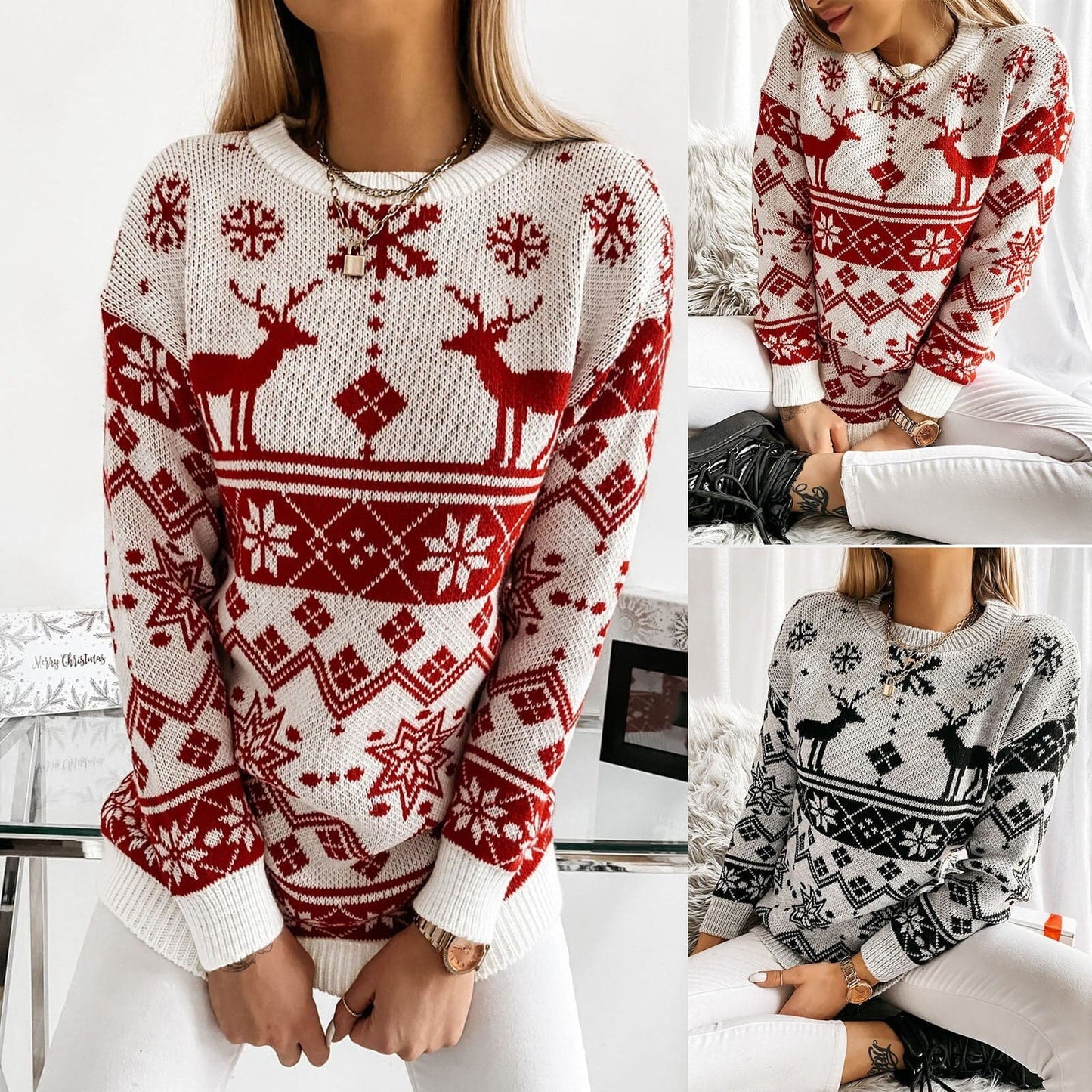 AutumnWinter Printed Sweater O-Neck Snowflake Christmas Top Christmas Pullover Knitted Top Shirt