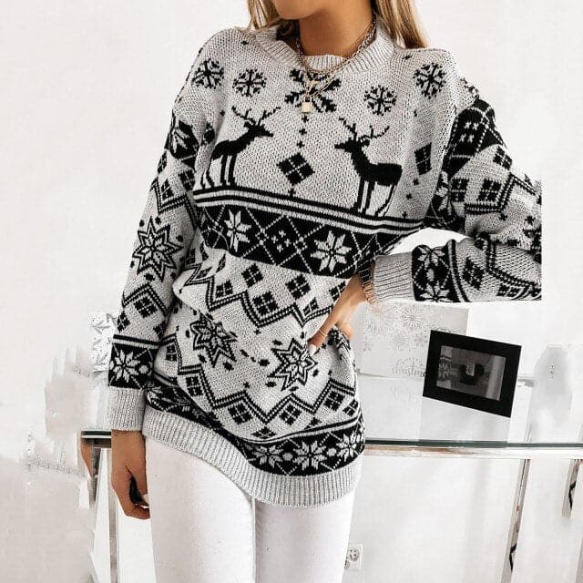 AutumnWinter Printed Sweater O-Neck Snowflake Christmas Top Christmas Pullover Knitted Top Shirt