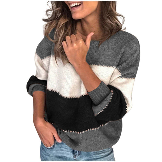 Stitching Color Stripe O-Neck Sweater Long-Sleeved Knitted Pullover Top Ladies FallWinter Casual Sweatshirt Top Sweater
