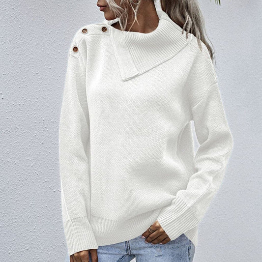 Winter Warm Fashion Solid Color Button Turtleneck Causal Loose Long Sleeves Socket Sweater Pullovers Tops Pull Femme