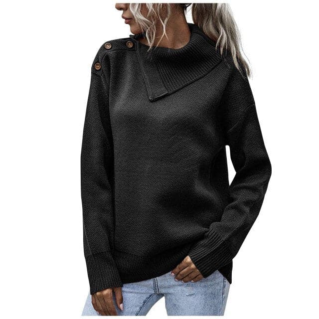 Winter Warm Fashion Solid Color Button Turtleneck Causal Loose Long Sleeves Socket Sweater Pullovers Tops Pull Femme