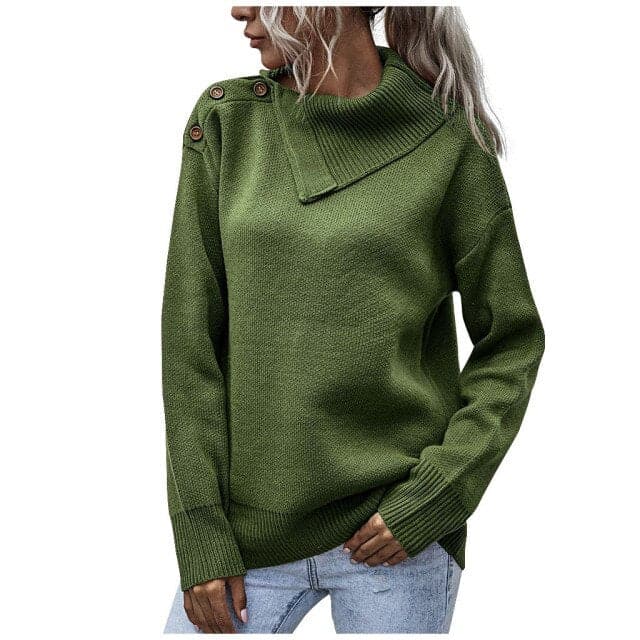 Winter Warm Fashion Solid Color Button Turtleneck Causal Loose Long Sleeves Socket Sweater Pullovers Tops Pull Femme