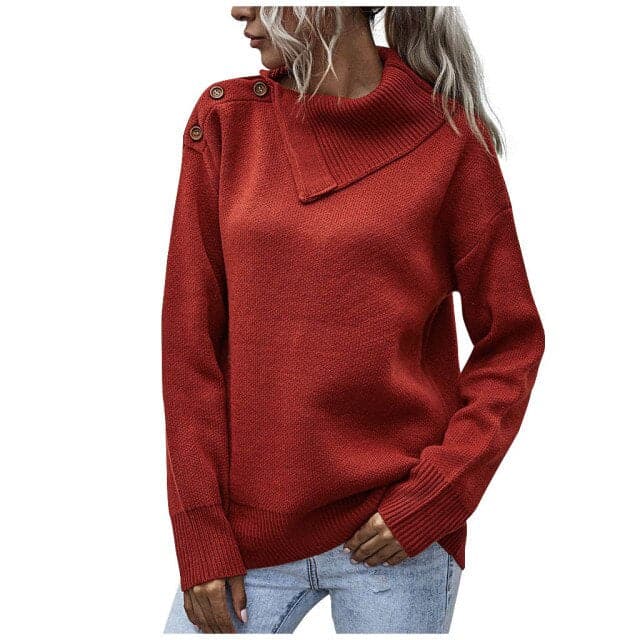 Winter Warm Fashion Solid Color Button Turtleneck Causal Loose Long Sleeves Socket Sweater Pullovers Tops Pull Femme