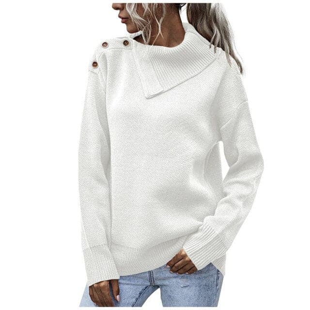 Winter Warm Fashion Solid Color Button Turtleneck Causal Loose Long Sleeves Socket Sweater Pullovers Tops Pull Femme