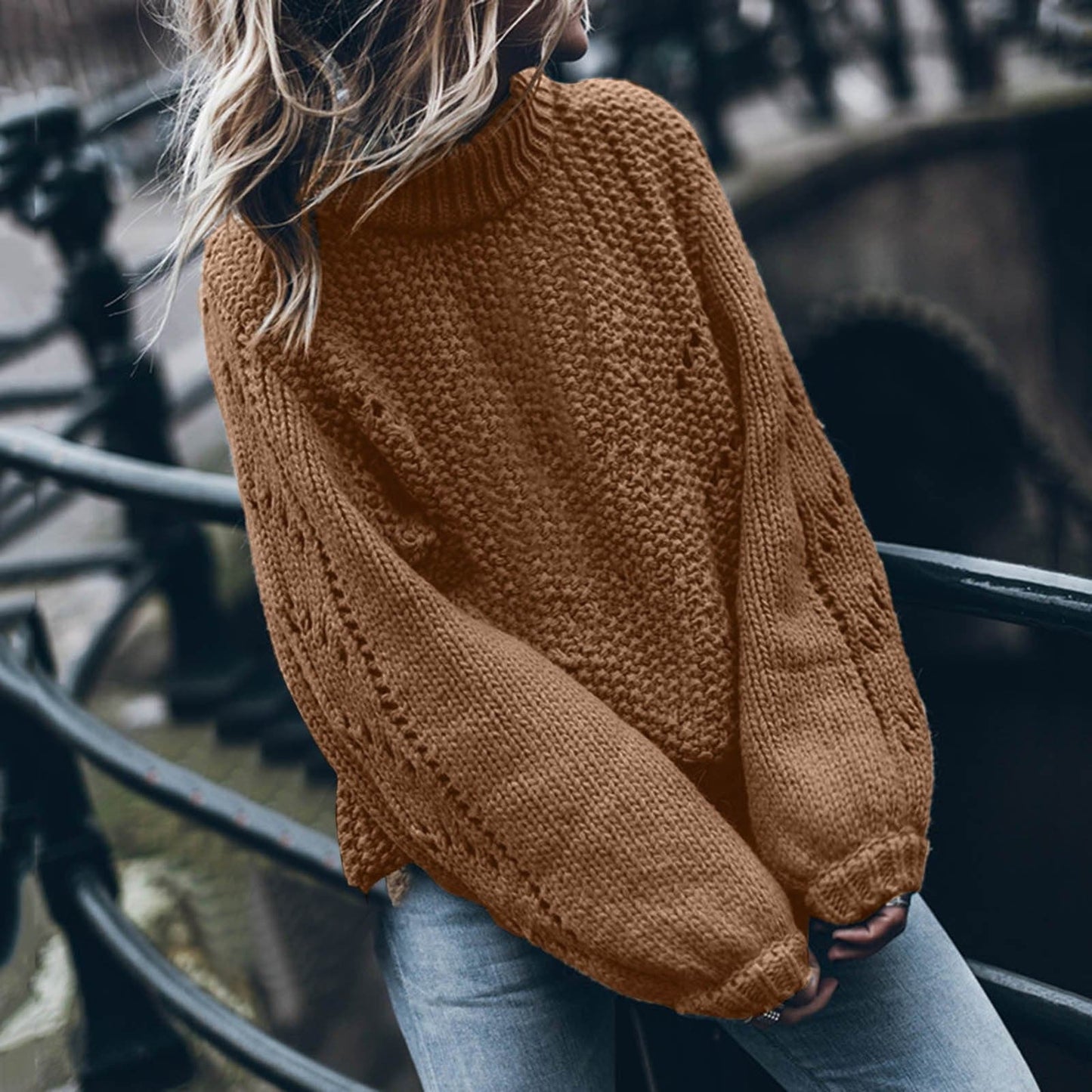 Pullovers Fashion Round Neck Long Sleeve Hollow Hole Loose Sweater Pullovers Jerseys