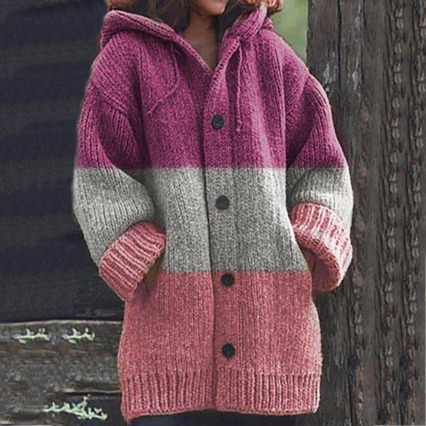 Winter Striped Stitching Cardigan Korean Version Loose Hooded Cardigan Sweet Long Sleeve Warm Coat Gilet Femme Clothes