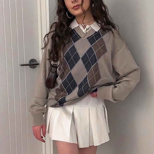 Fashion Preppy Diamond Plaid Printed Knitted Sweater