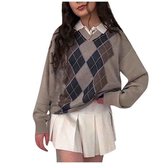 Fashion Preppy Diamond Plaid Printed Knitted Sweater