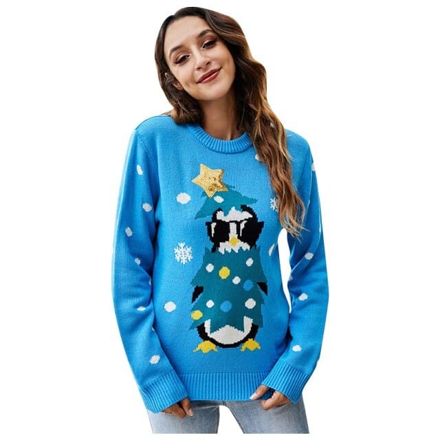 Christmas Sweater Harajuku Knitted Streetwear Cute Little Penguin Cartoon Pullover O-Neck Oversize Casual Ladies Sweaters