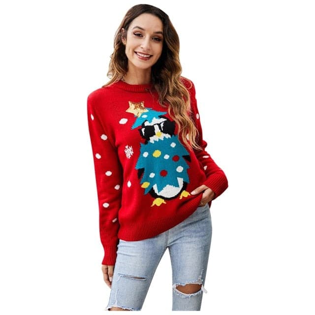 Christmas Sweater Harajuku Knitted Streetwear Cute Little Penguin Cartoon Pullover O-Neck Oversize Casual Ladies Sweaters