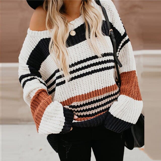 Knitted Hoodie Fashion Lovely Chic Preppy Harajuku Long Sleeve O-Neck Striped Color Block Girls Pullover Loose Knitwear
