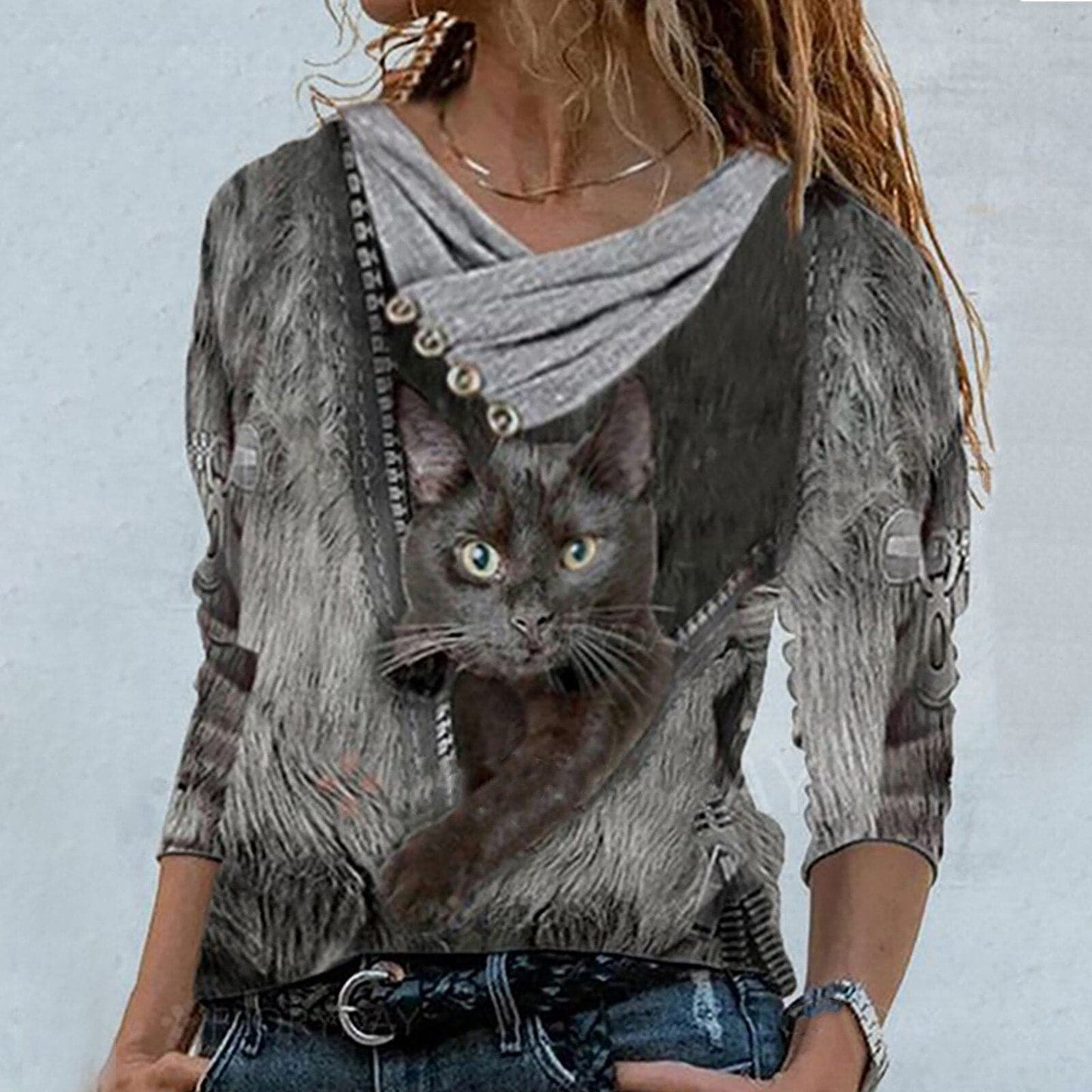 Tunic Vintage Casual Tops Cross V-neck Buttons Printing Long Sleeve Sweaters Top Summer Female T-shirt Female Clothing