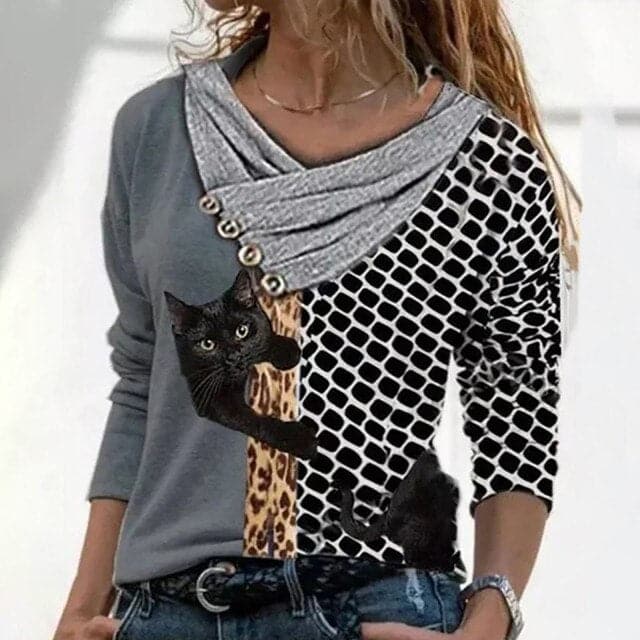 Tunic Vintage Casual Tops Cross V-neck Buttons Printing Long Sleeve Sweaters Top Summer Female T-shirt Female Clothing