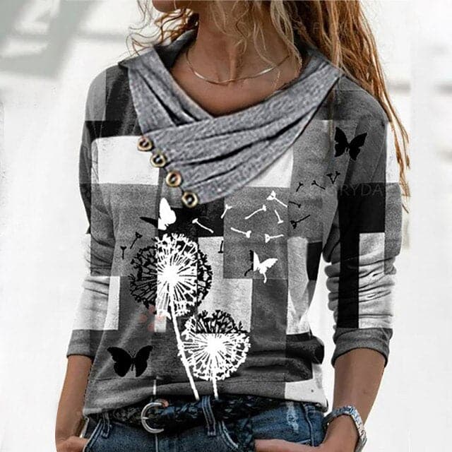 Tunic Vintage Casual Tops Cross V-neck Buttons Printing Long Sleeve Sweaters Top Summer Female T-shirt Female Clothing