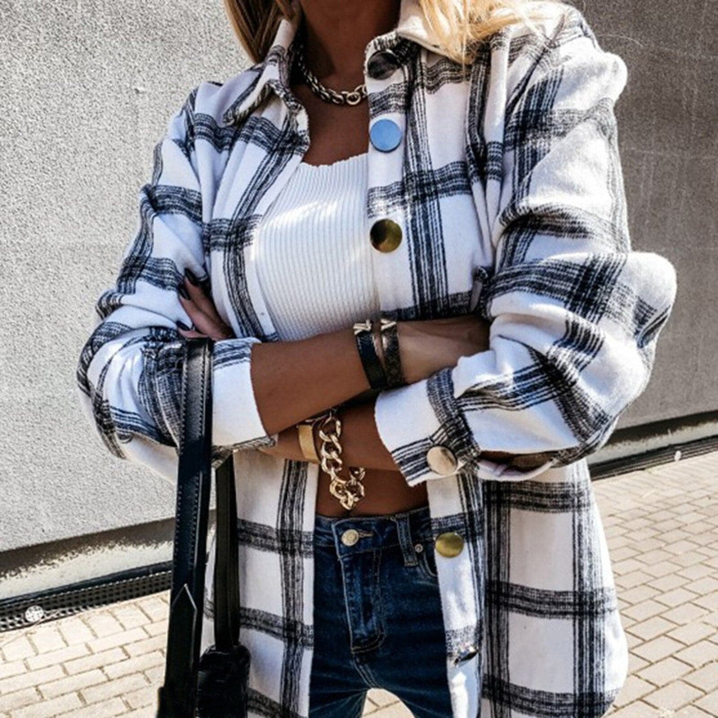 Long Sleeve Plaid Jacket Autumn Winter Oversized Coat Fashion Loose Outwear Vintage Elegant Top Streetwear