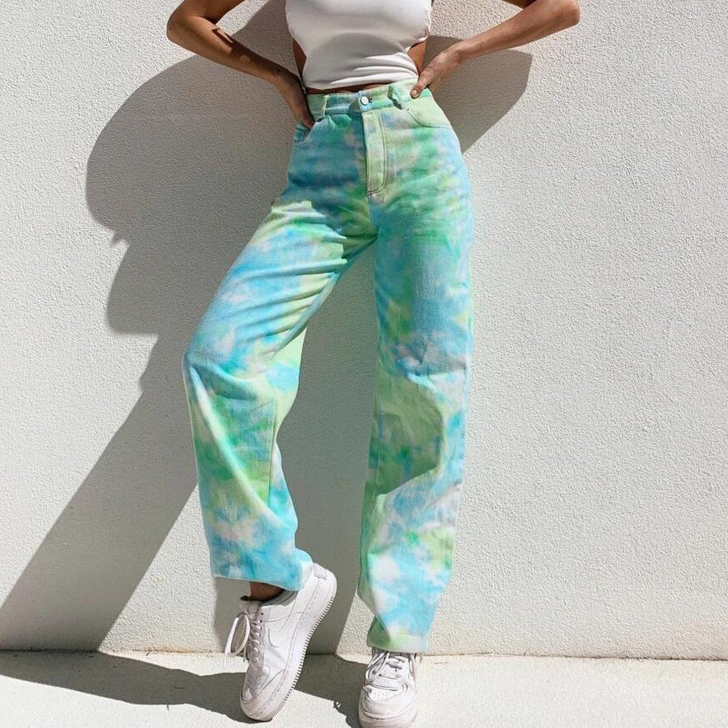 Streetwear Summer Rainbow Tie Dye Printed Jeans High Waist Straight Gradient Loose Denim Pants Y2K Wide Leg Jean Denim Trousers
