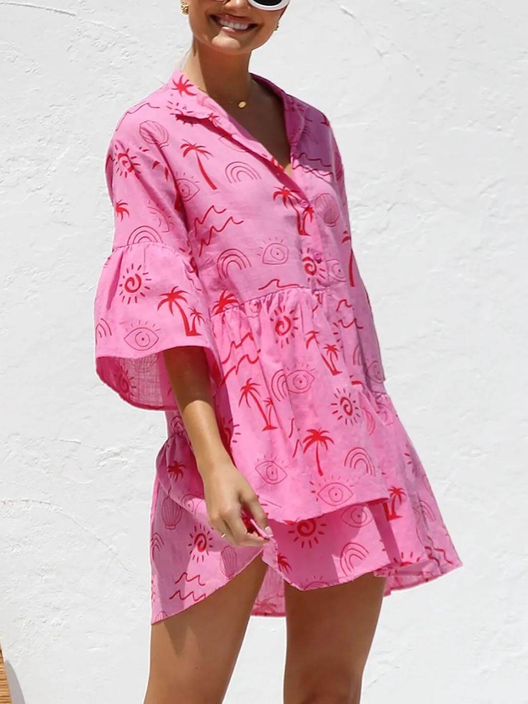 Ethnic Style Loose Shirt Short Dress-Pink