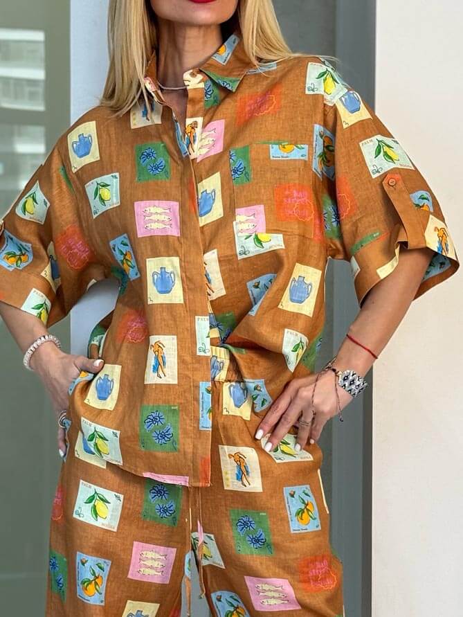 Ethnic Botanical Floral Print Loose Pants Set