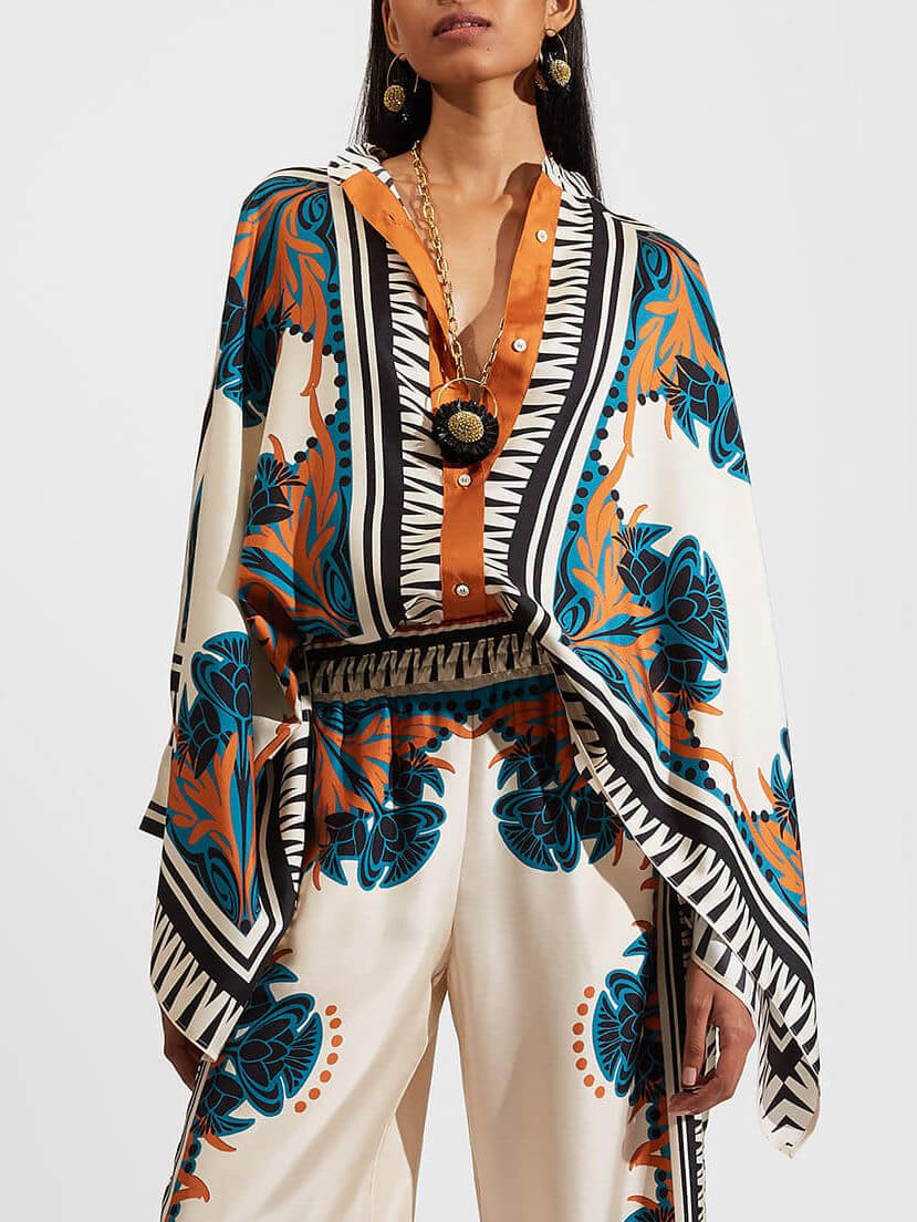 Fine Satin Floral Print Batwing Sleeve Pant Set