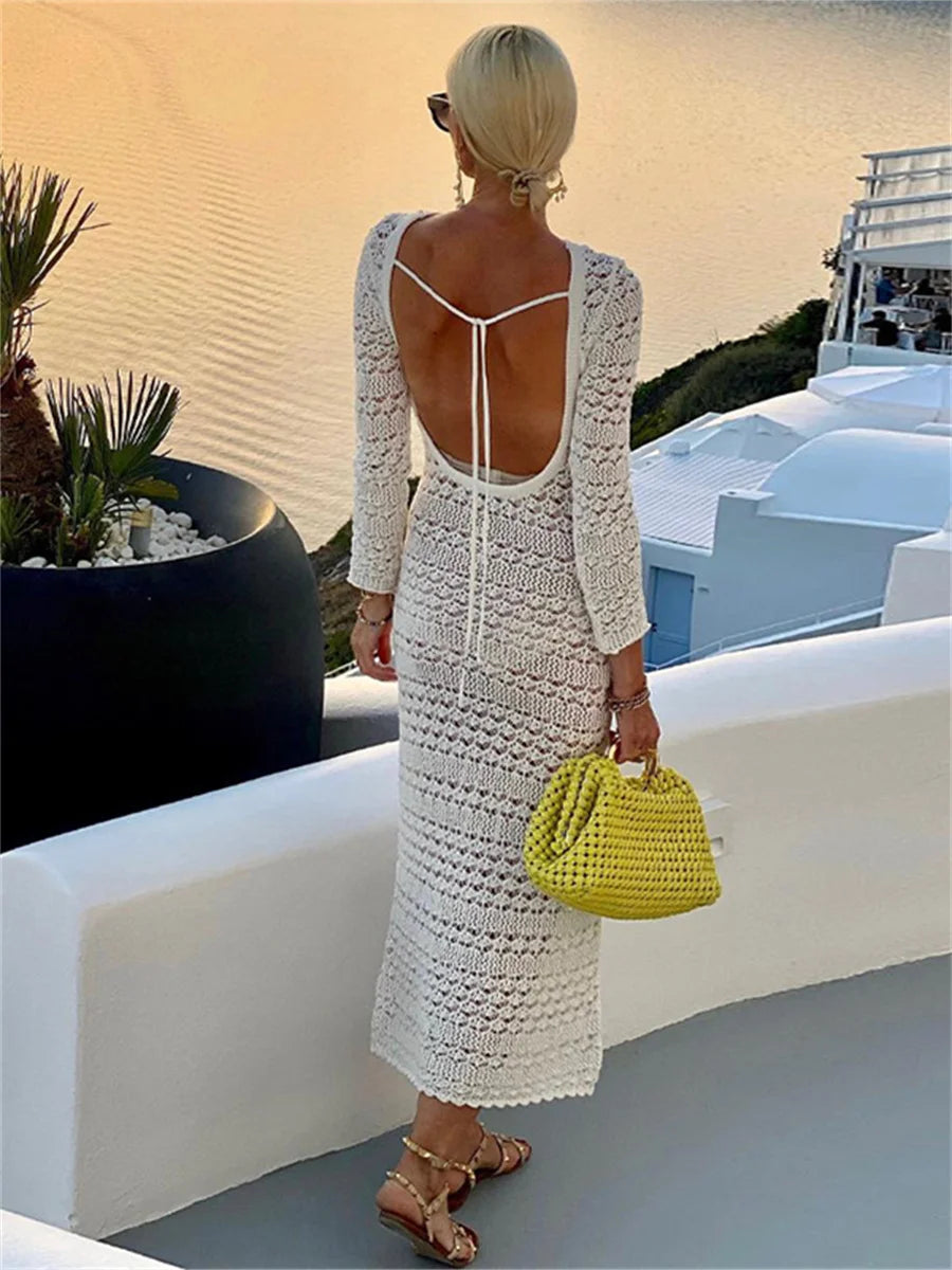 Backless Tie Up Knit Crochet Hollow-Out Beach Maxi Dress